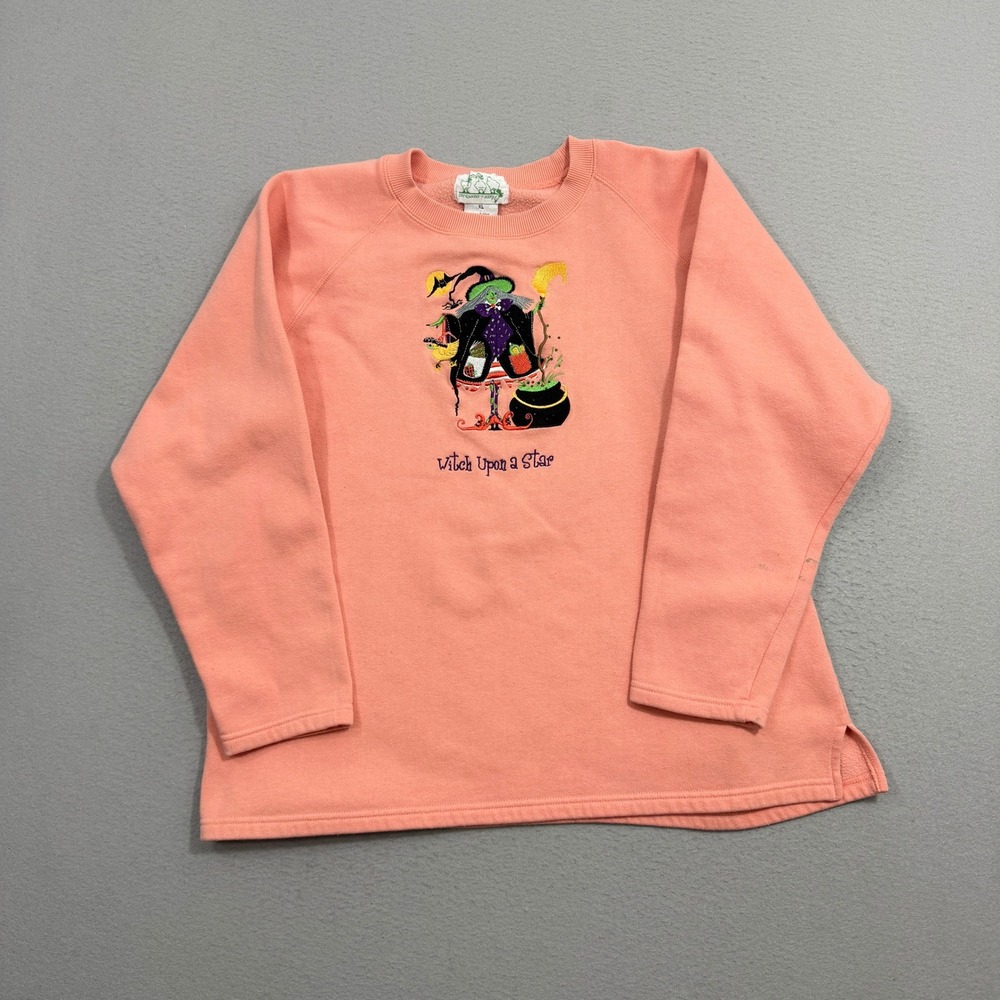 Vintage Quacker Factory Sweatshirt Women XL Pink Witch Upon a Star Halloween 90s